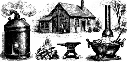 Engraving of a vintage scene featuring a stove, firewood, and an anvil. This black outline illustration captures a rural kitchen setting in vector style.