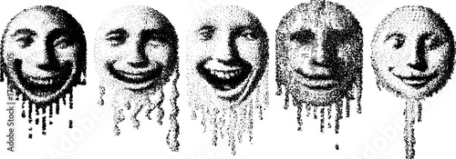 Five expressive faces in a mixed art style. Creative digital illustration featuring black and white textures in a unique vector set.