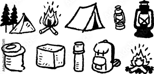 Camping gear set illustration featuring a tent, fire, backpack, and lantern. Simple black and white vector illustration capturing essential outdoor equipment.