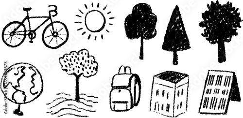 Bicycle, tree, globe, and backpack hand-drawn in black and white. Simple landscape set of vector illustrations highlighting nature and environment themes.