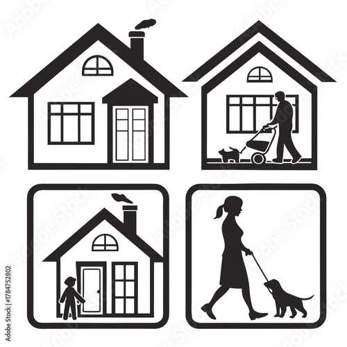 Set of four simple black and white house icons with people and pets