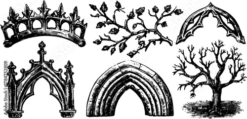 Vintage crown, branch, and tree designs in black and white. This intricate set features elaborate elements as vector illustrations.
