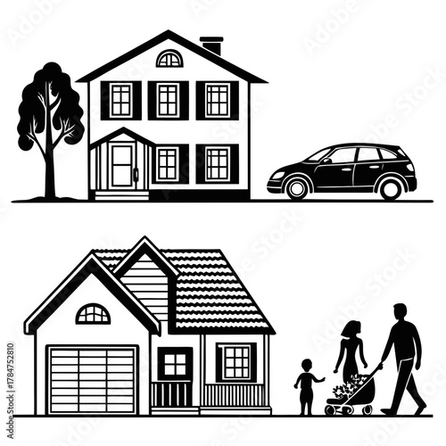 Two houses with a car and a family with a stroller