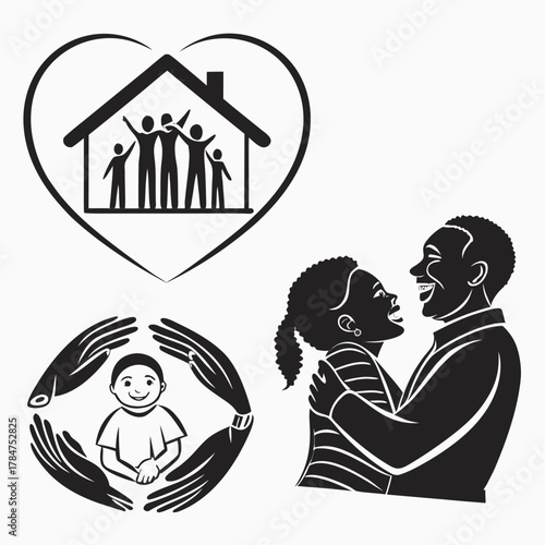 Diverse family love and protection symbols with happy couple