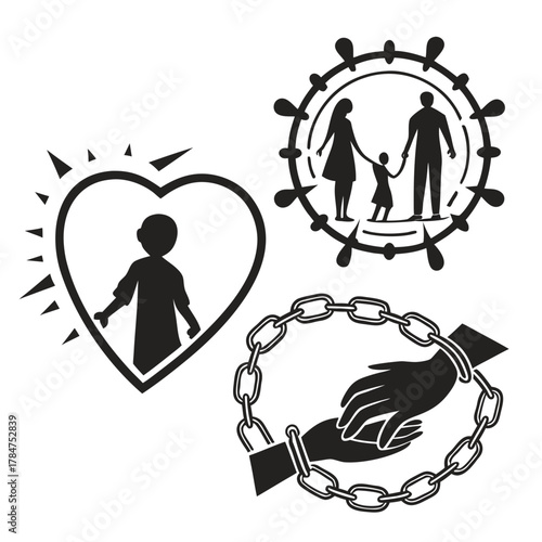 Symbolic icons representing family protection child care and freedom from oppression