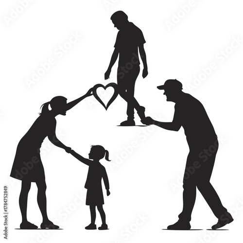 Family silhouettes sharing love and connection with a heart symbol