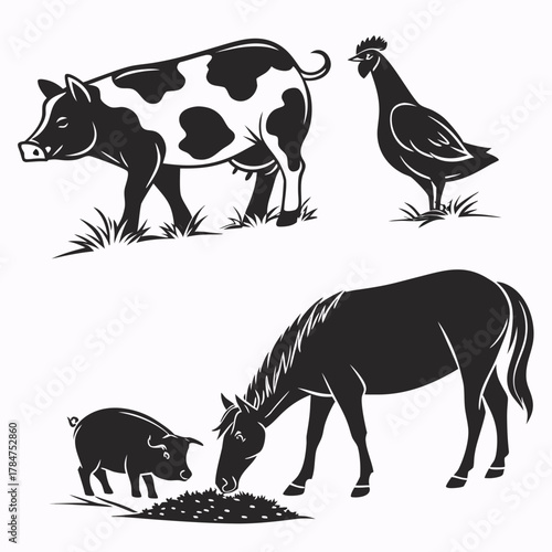 Farm animals silhouette collection pig chicken horse and piglet on white background
