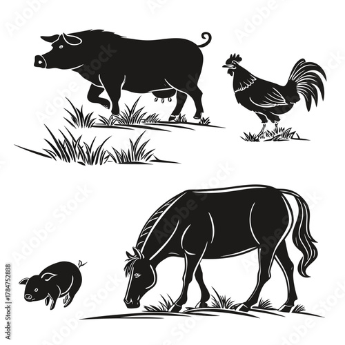 Farm animals including a pig rooster and horse in a grassy field