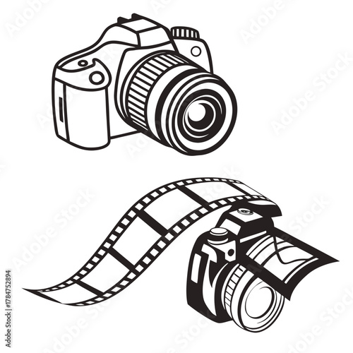 Black and white illustration of two cameras with film strip