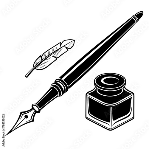 Classic fountain pen with quill and inkwell isolated on white background