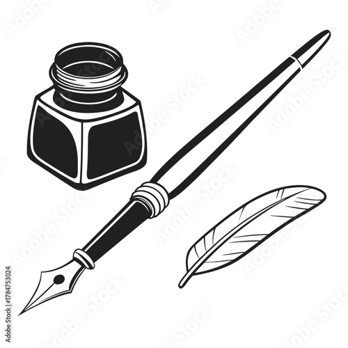 Vintage fountain pen inkwell and feather illustration