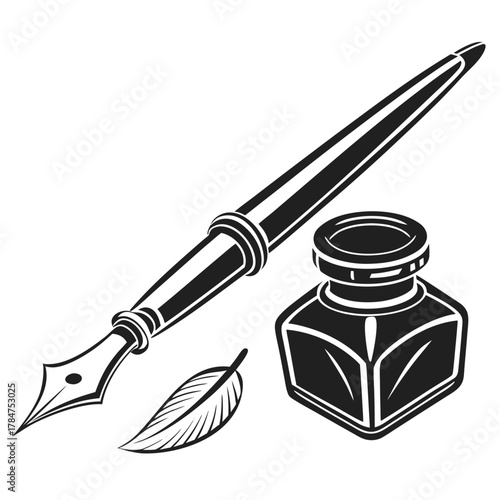 Vintage fountain pen inkwell and quill feather illustration