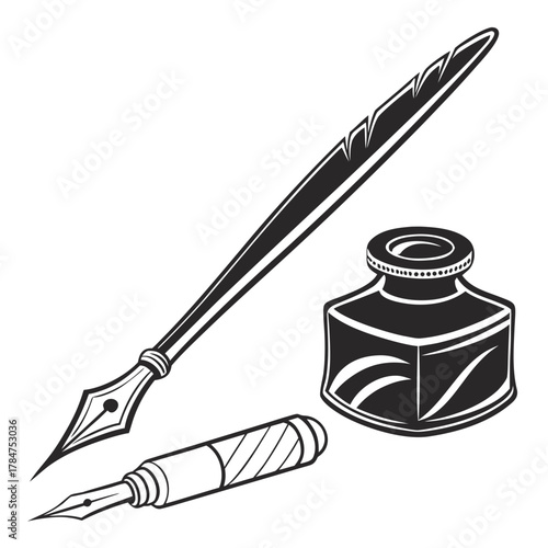 Vintage quill pen and inkwell with modern fountain pen