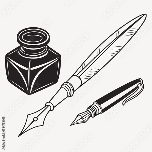 Vintage fountain pen and inkwell illustration