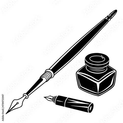 Vintage fountain pen and ink bottle illustration