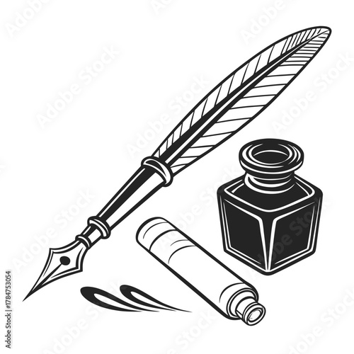 Vintage quill pen inkwell and writing tools illustration