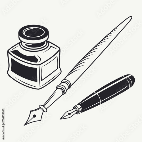 Vintage inkwell and fountain pens illustration