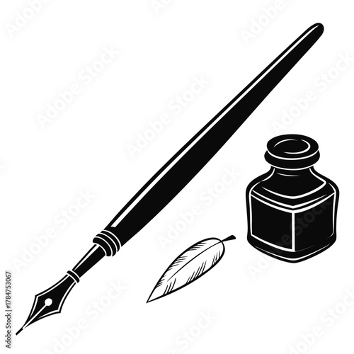 Vintage fountain pen inkwell and quill feather illustration