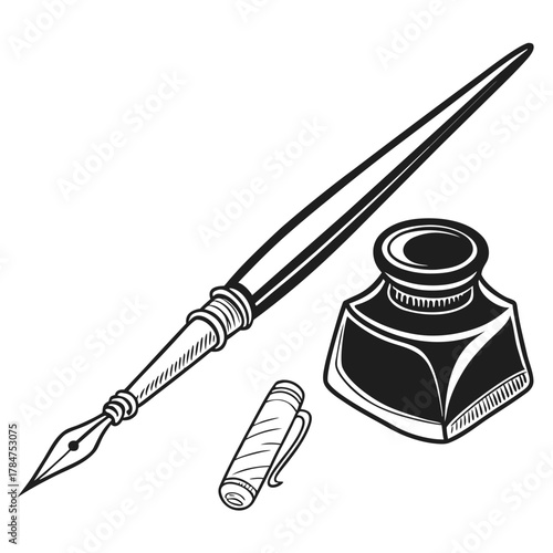 Vintage fountain pen inkwell and cap illustration