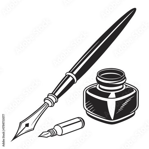 Vintage fountain pen and ink bottle illustration