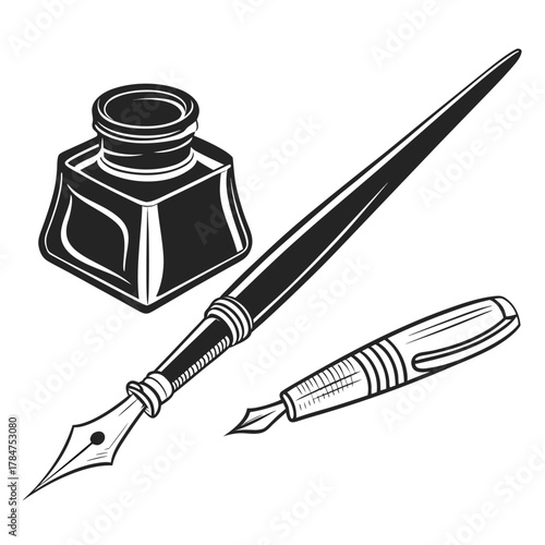 Vintage fountain pen and inkwell illustration