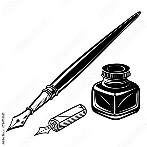 Vintage fountain pen with inkwell and cap illustration