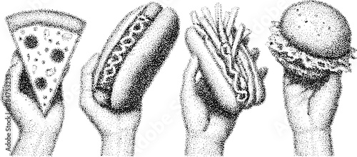 Food illustration featuring hands holding pizza, hotdog, fries, and burger. Set in a vintage vector style with stipple texture, ideal for food design.