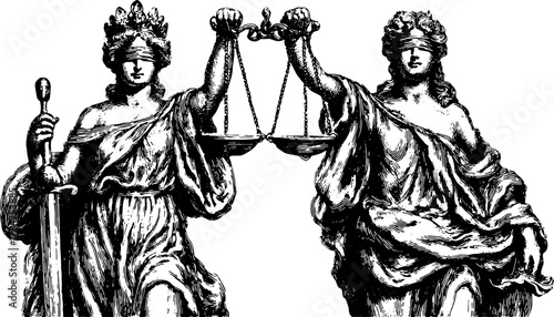 Justice lady holding scales in a vintage illustration. This classic representation of law is featured in a monochrome vector format as part of a set.