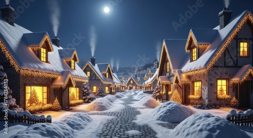 A charming snow-covered village illuminated by festive Christmas lights under a magical full moon on a peaceful winter night