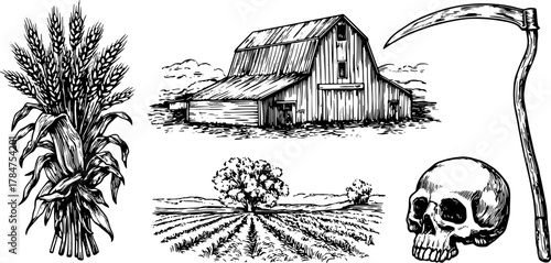Barn and wheat field in hand-drawn style. Includes skull and scythe illustrations, a vintage farming vector set.