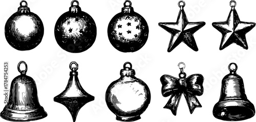 Set of vintage bell and ornament illustrations. Black and white vector designs featuring various holiday shapes, suitable for festive themes.