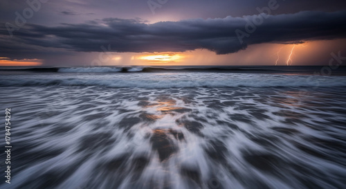 Fototapeta Naklejka Na Ścianę i Meble -  Lightning illuminates the ocean during a storm at dusk with turbulent waves