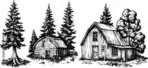 Illustration of rural housing set, featuring cabins and trees. Hand-drawn in black and white vector style.