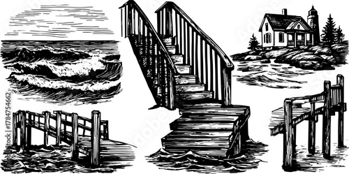 Antique engravings set of coastal scenes featuring an ocean, stairs, and a house. This vintage vector illustration showcases water and waves in outline style.