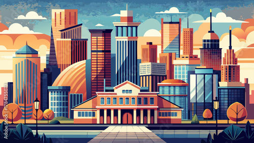 Very beautiful architectural view of downtown Detroit, Michigan, featuring modern and historic buildings, strong geometric lines, warm natural light, and a realistic vibrant urban atmosphere.