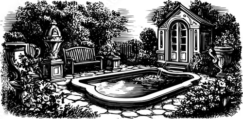 Garden with a pool and a bench. Decorative fountain and plants create a tranquil outdoor space in a classic vector illustration set.