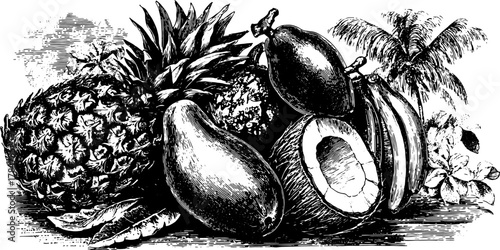 Fruits: pineapple, banana, and papaya outlined in black ink. Vintage vector illustration featuring tropical foliage in a detailed set.