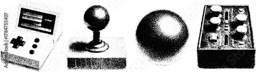 Retro controller and joystick illustrations in stipple style. Vintage graphic representations in a vector illustration set.