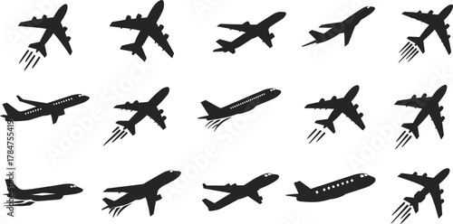 Airplane, aircraft, silhouette, jet, flight, aviation, vector, flat, cad, drawing, cruising, takeoff, motion, contrail, graphic, icon, transport, travel, illustration, design