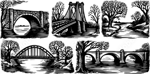Bridges over a river with surrounding trees. Vintage black and white landscape vector illustration showcasing scenic architecture and nature.