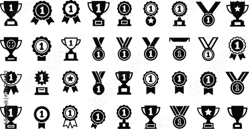 Award icon pack, trophy and medal set, first place symbols, achievement badges, vector line art, recognition and success graphics
