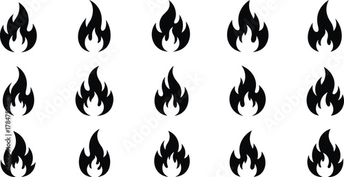 Black flame icon set, fire symbol collection, abstract flame shapes, burning energy design, heat vector elements, silhouette flames pack