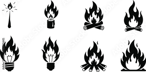 Black flame object icons, matchstick fire symbol, candle flame silhouette, campfire vector set, light bulb fire design, energy illustration pack