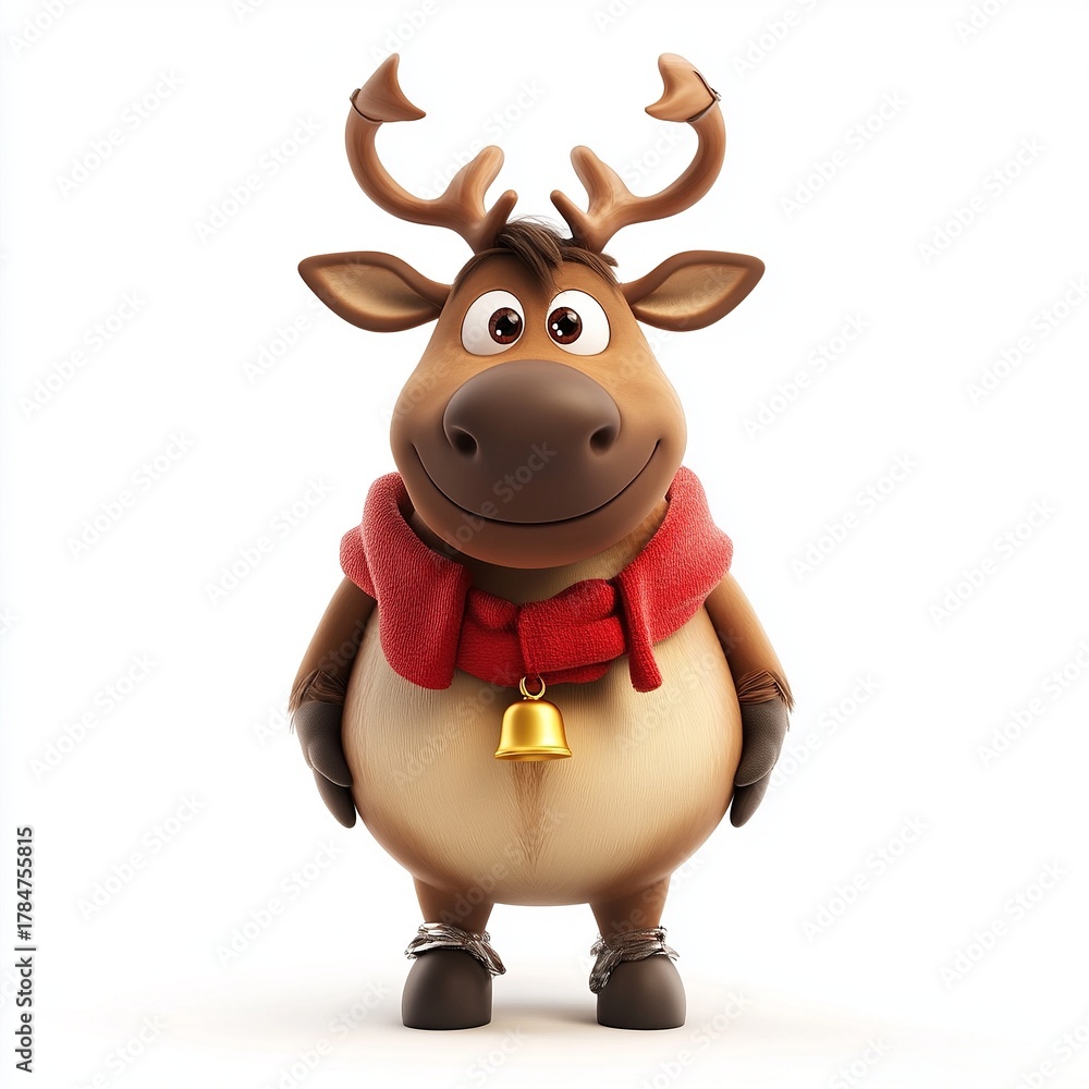 Fototapeta premium 3D cartoon reindeer wearing a red scarf and bells, isolated on a white background