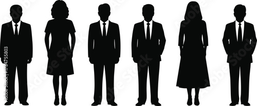 Business silhouettes, professional people, formal attire, corporate team, gender diversity, office staff, black vector, flat design, cad drawing, illustration