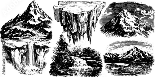 Mountain and waterfall silhouettes in vintage engraving style. Detailed hand-drawn illustrations represent natural scenery in black outline vector graphics.