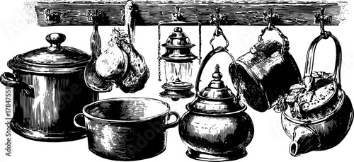 Kitchen pots and pans hanging from hooks in a vintage style. Black line drawing vector illustration ideal for kitchen decor set.