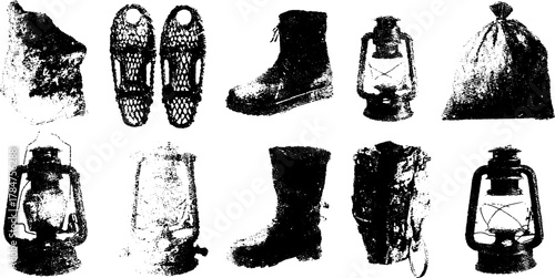 Vintage snowshoes, boots, and lantern illustration set. Black and white outdoor gear vector illustration, suitable for historical or adventure themes.