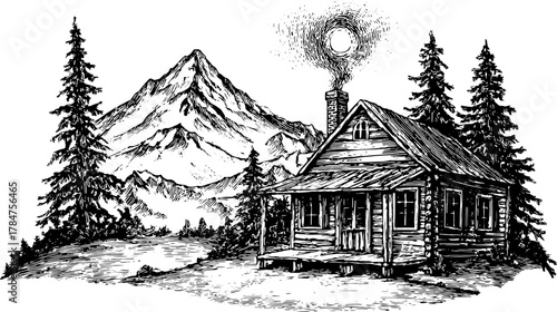 Cabin surrounded by pine trees and mountains. Vintage vector illustration with detailed engraving style in black and white.