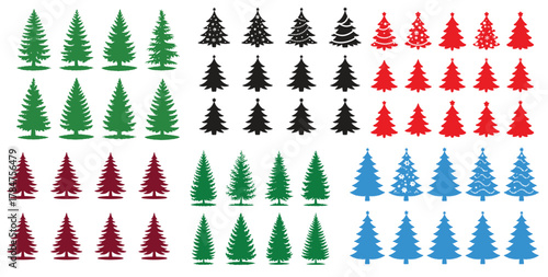 Colorful Christmas Tree Silhouette Set, Red Green Blue Black Vector Icons